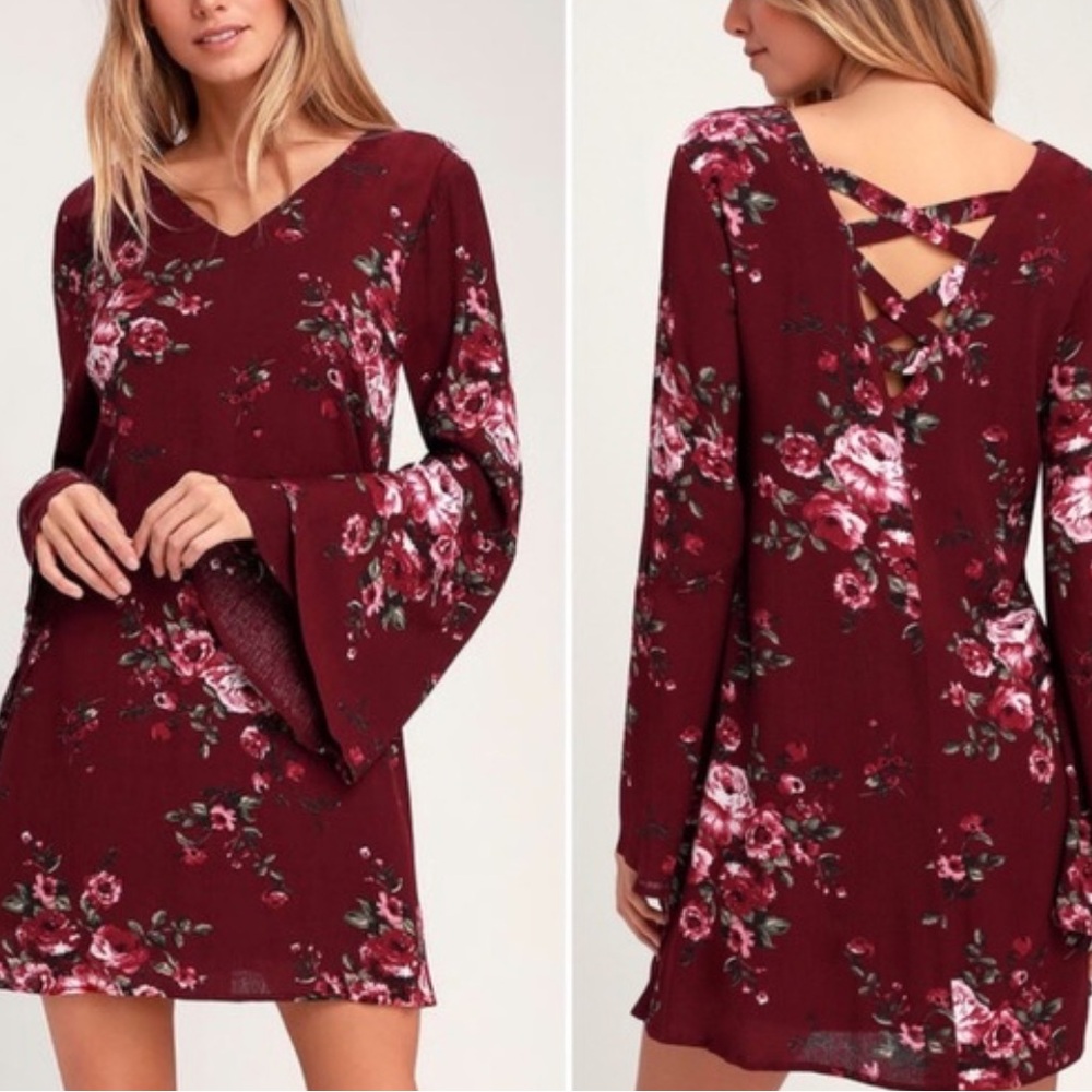 NWT Lulu's Ever Enchanting Floral print mini Dress Bell Sleeves burgundy red